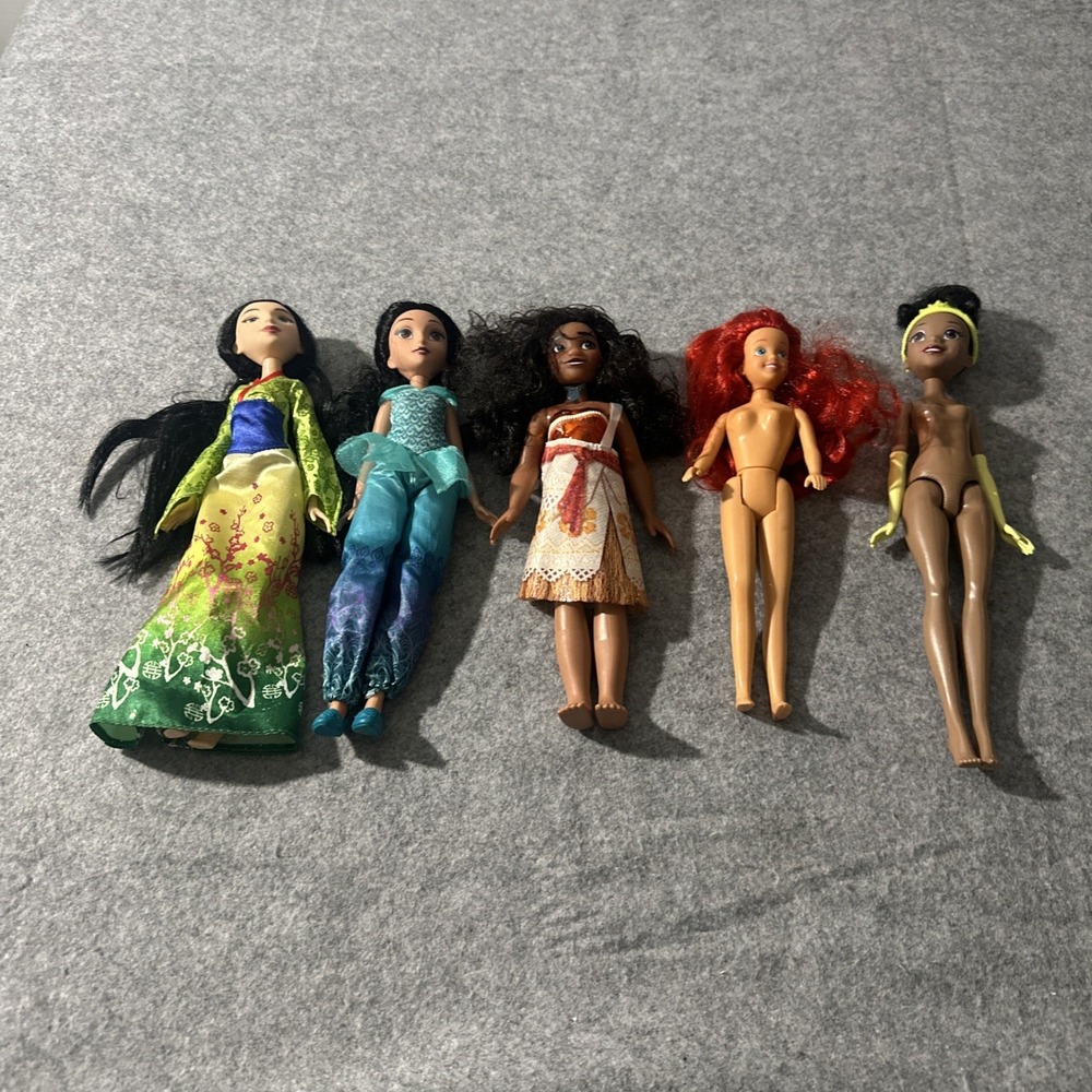 Disney Princess Doll Lot 5 Ariel Moana Tiana Mulan Jasmine